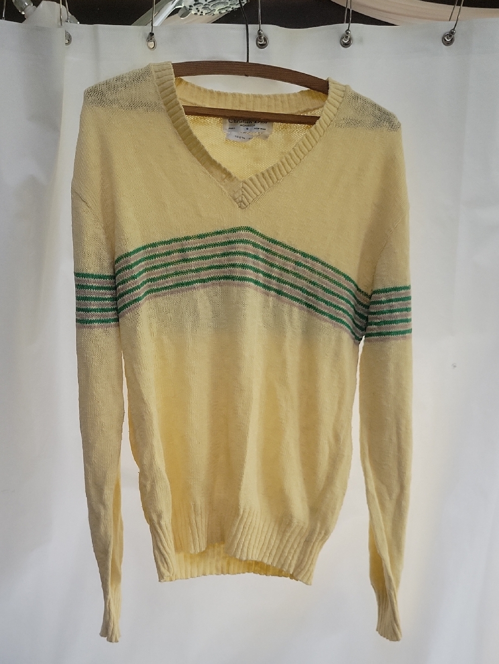 Cotton Christian Dior Yellow V-Neck Sweater with Green Stripe